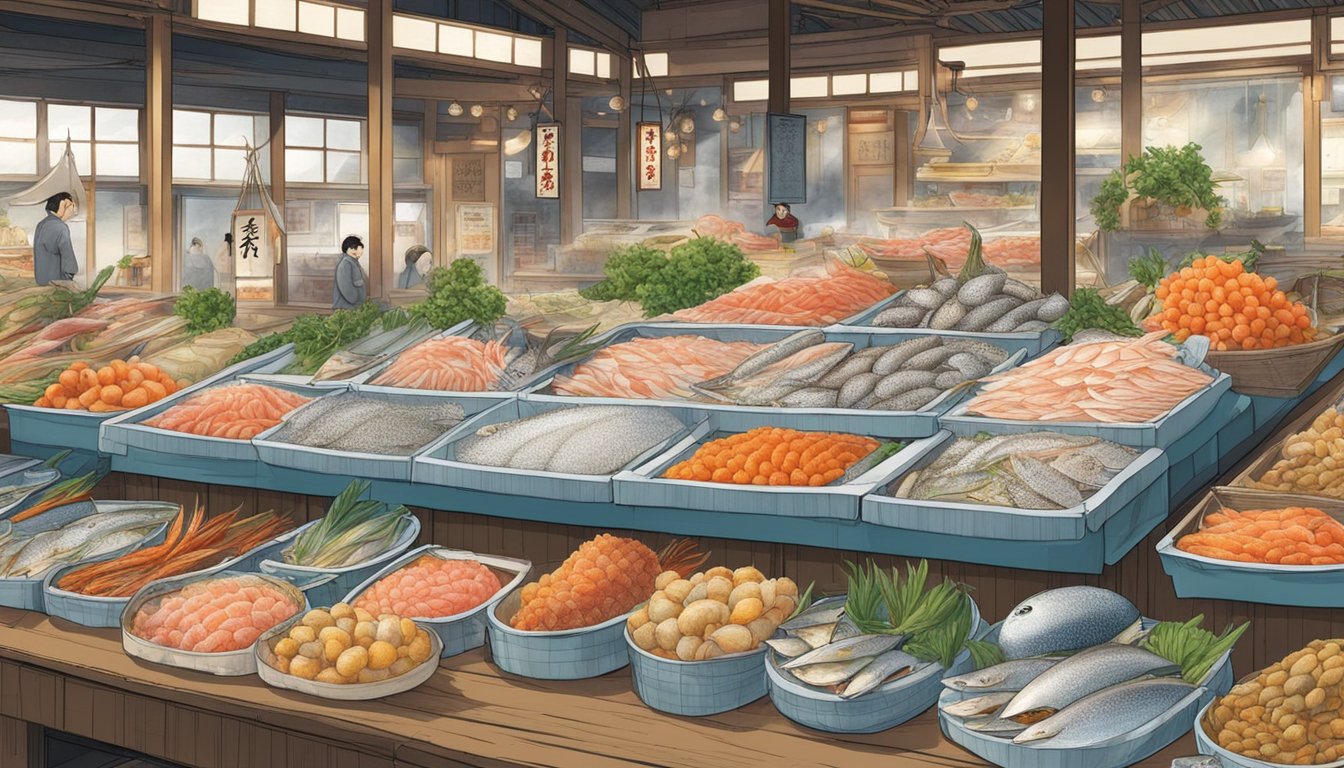 A traditional Japanese market stall displays various types of fish sperm, known as shirako, in delicate, translucent sacs, surrounded by vibrant seafood and exotic ingredients