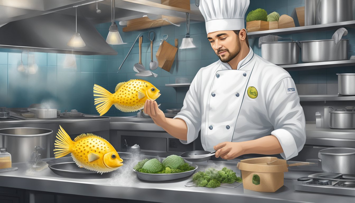 A chef carefully prepares a pufferfish, surrounded by warning signs and safety equipment