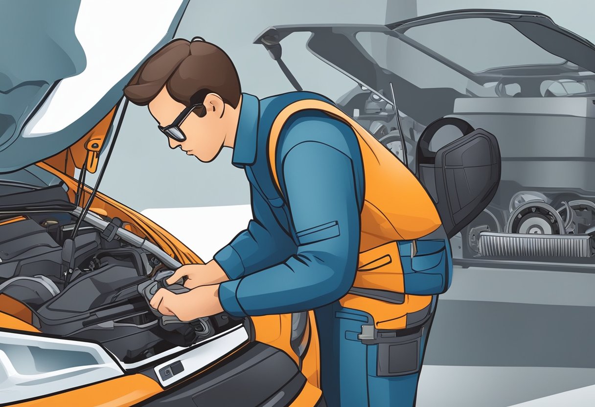 A mechanic using a diagnostic tool to scan a car's engine for DTC codes