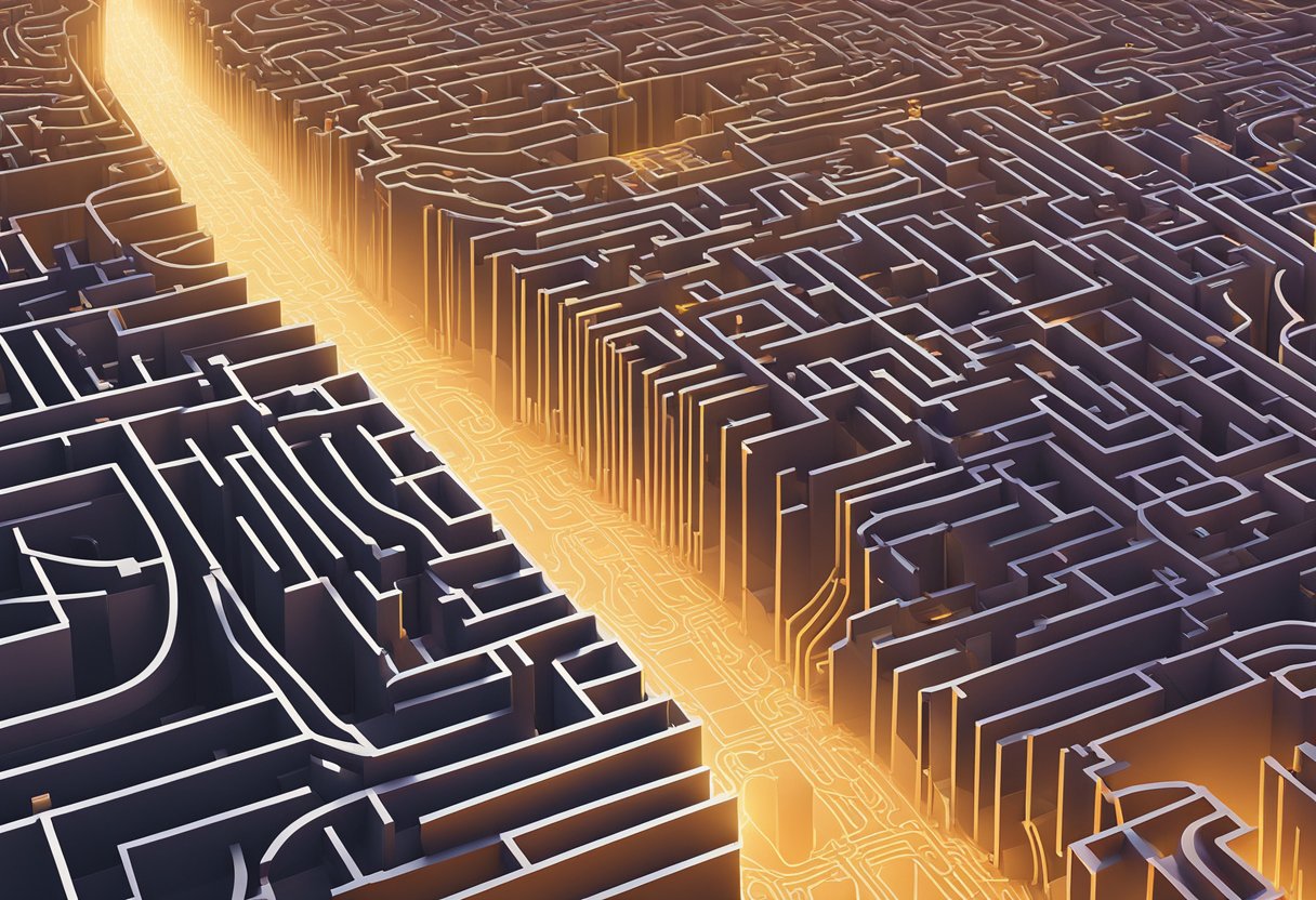 A maze of interconnected pathways leading to a glowing beacon, symbolizing the challenges and considerations of direct-to-consumer (DTC) marketing