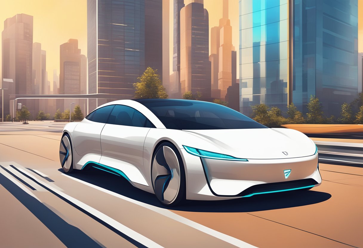 A sleek electric car drives through a futuristic cityscape, passing by high-tech DTC automotive showrooms and charging stations