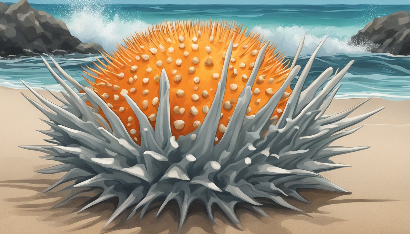 A close-up of a spiky sea urchin shell with vibrant orange roe spilling out, surrounded by seaweed and ocean waves