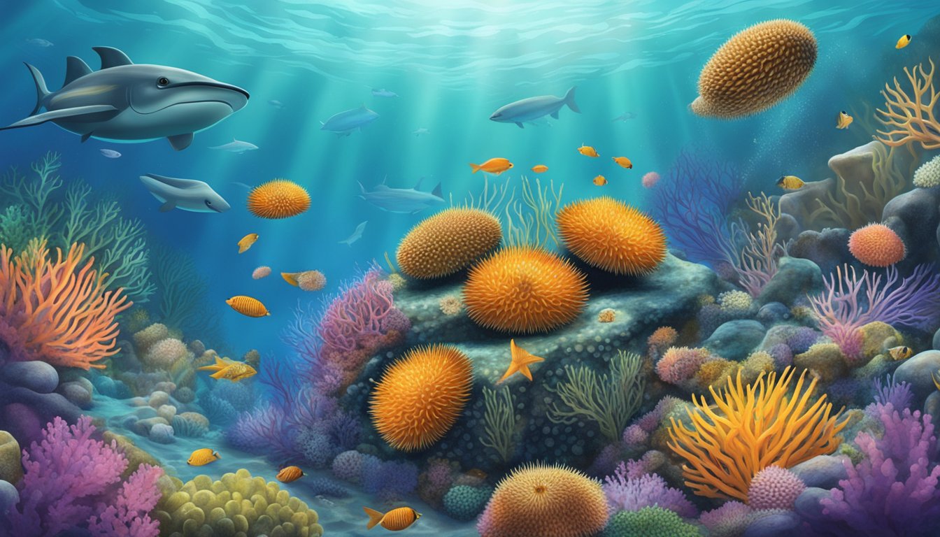 A vibrant underwater scene with a sea urchin nestled in a coral reef, surrounded by other marine life