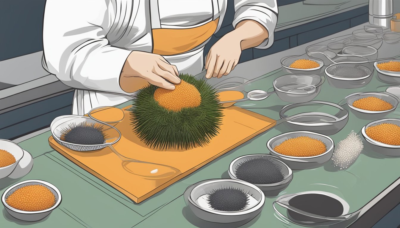 A chef carefully prepares fresh sea urchin roe for a unique dish