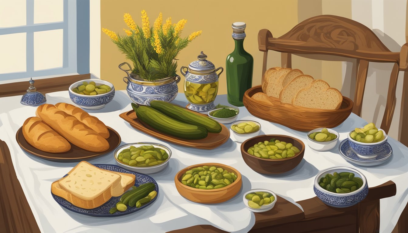 A table set with a spread of salo, pickles, and bread, surrounded by traditional Ukrainian decor and artifacts