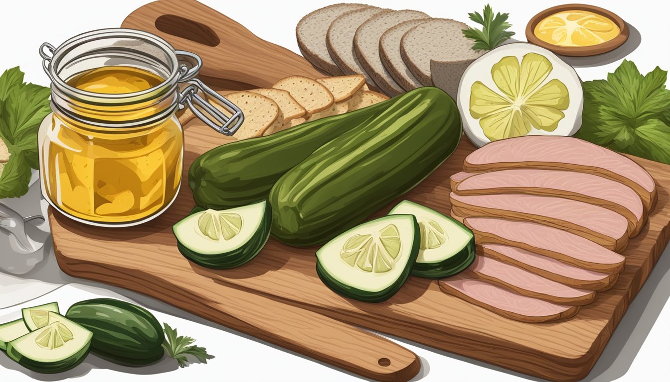 A wooden cutting board with slices of salo, accompanied by pickles, garlic, and rye bread