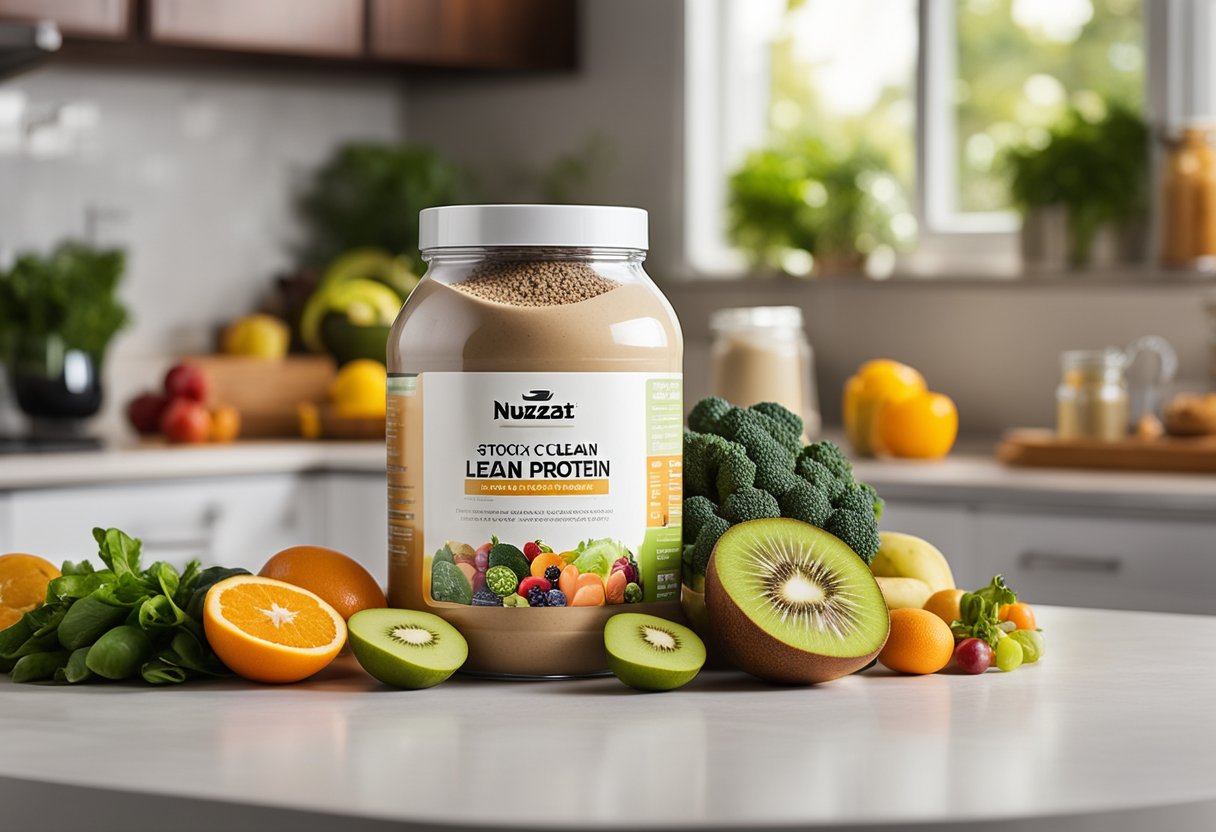 A jar of Nuzest Clean Lean Protein powder surrounded by fresh, colorful fruits and vegetables on a clean, modern kitchen countertop