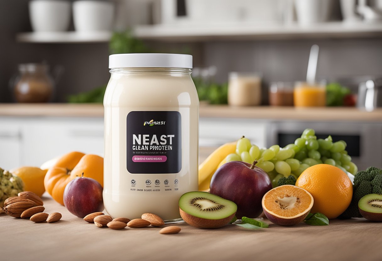 A jar of Nuzest Clean Lean Protein surrounded by fresh fruits and vegetables, with a glass of almond milk and a scoop of protein powder on a wooden table