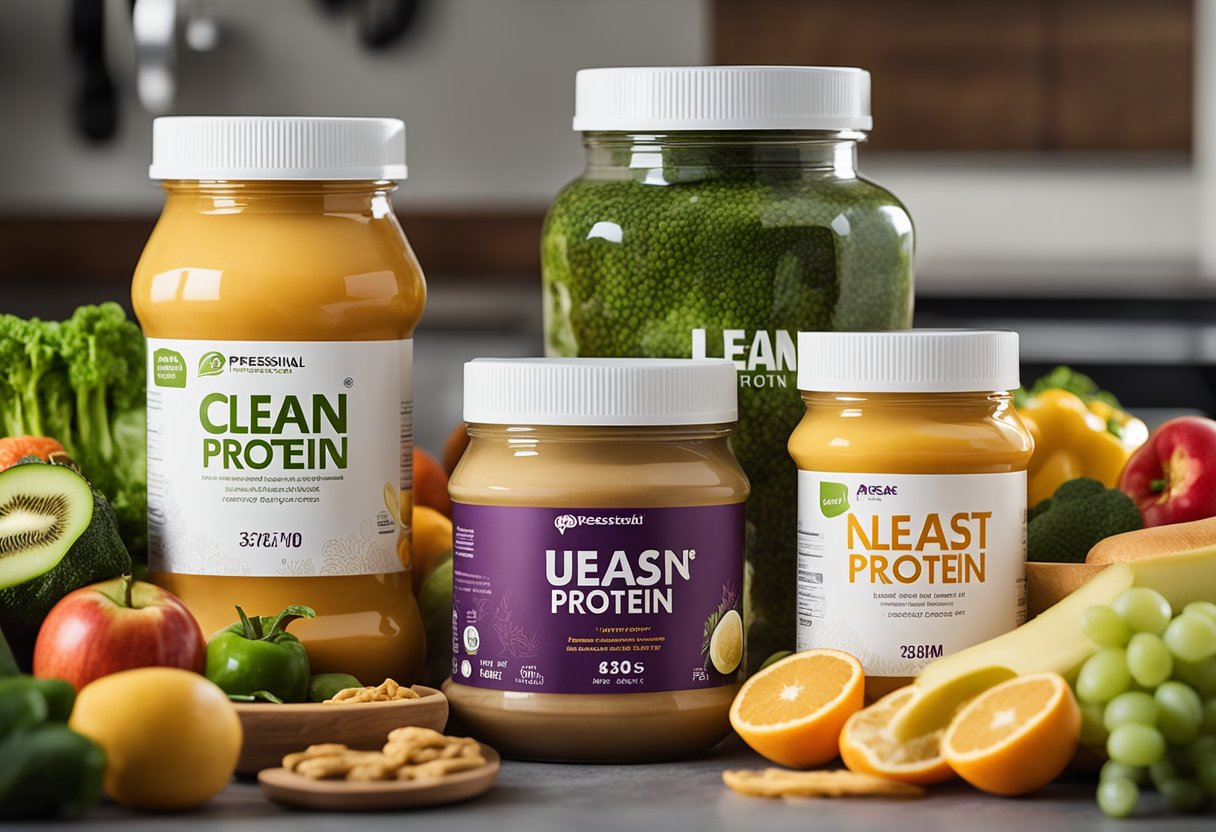 A jar of Nuzest Clean Lean Protein surrounded by fresh fruits and vegetables on a kitchen counter