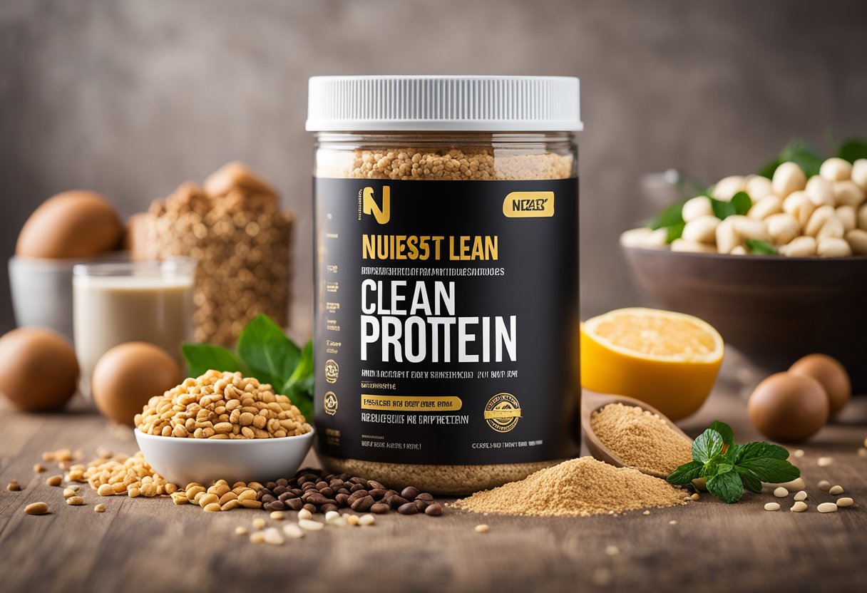 A jar of Nuzest Clean Lean Protein surrounded by various flavors and ingredients, with a scoop resting on top