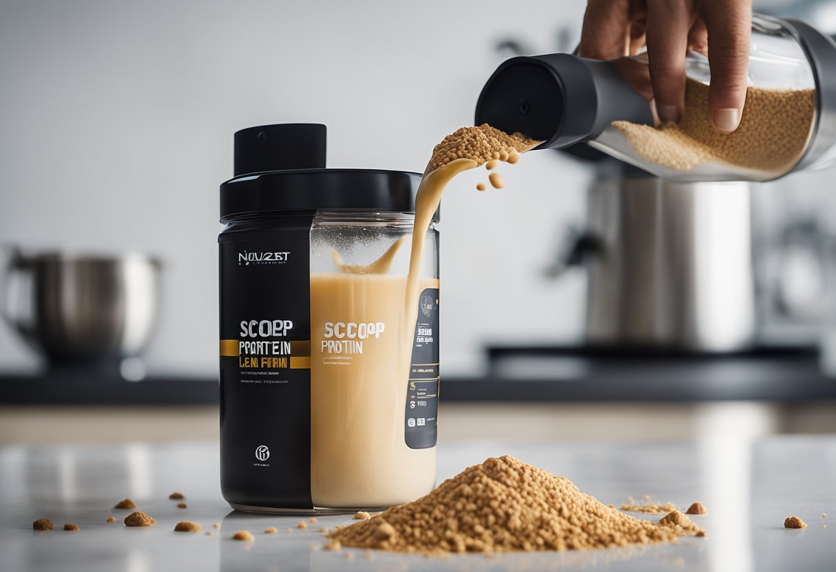 A scoop of Nuzest Clean Lean Protein powder being poured into a glass shaker, with water being added and the mixture being shaken vigorously