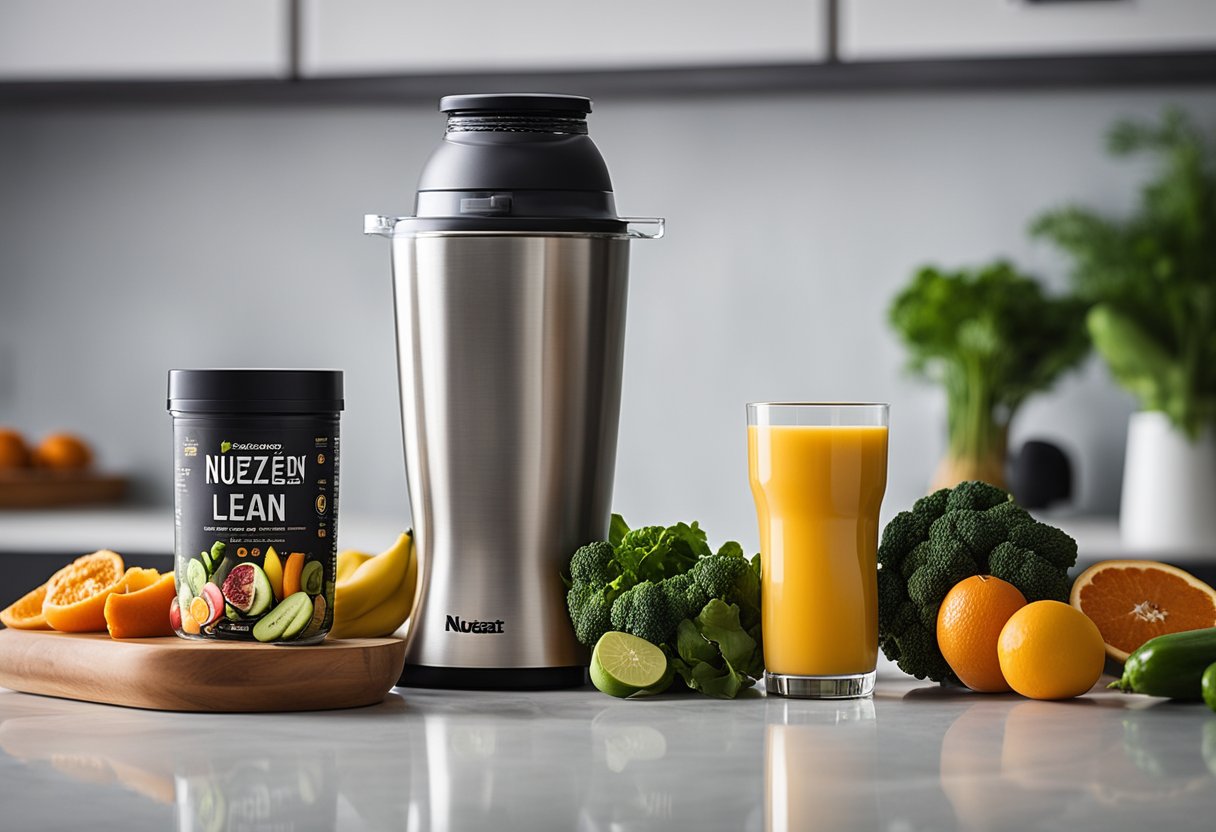 A glass of Nuzest Clean Lean Protein sits on a kitchen counter next to a blender filled with fresh fruits and vegetables