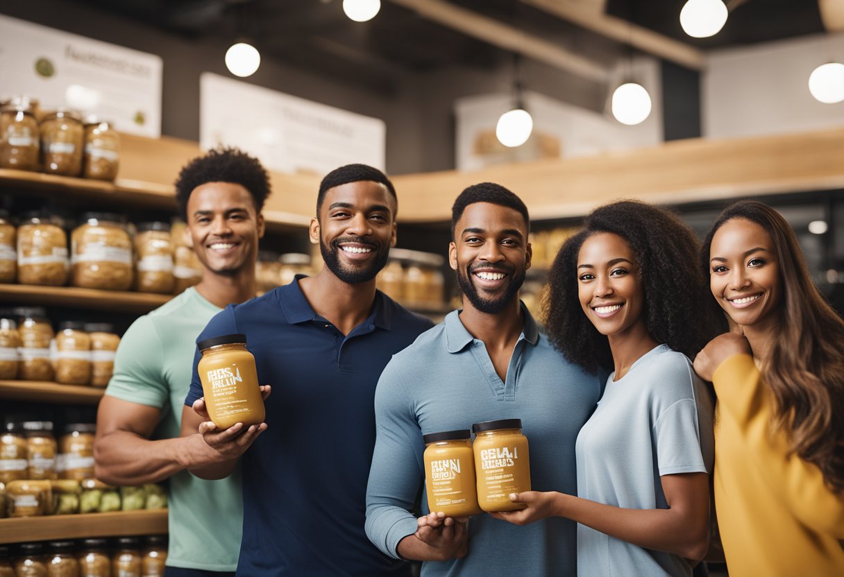 A diverse group of people smiling and holding up jars of Nuzest Clean Lean Protein, with a background of a gym or health food store