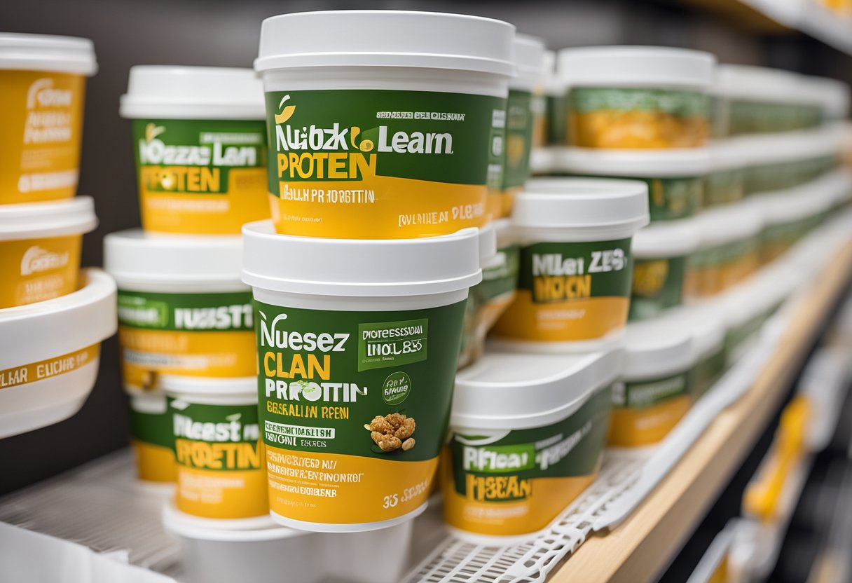 A colorful array of Nuzest Clean Lean Protein tubs displayed on a sleek, modern shelf in a health food store