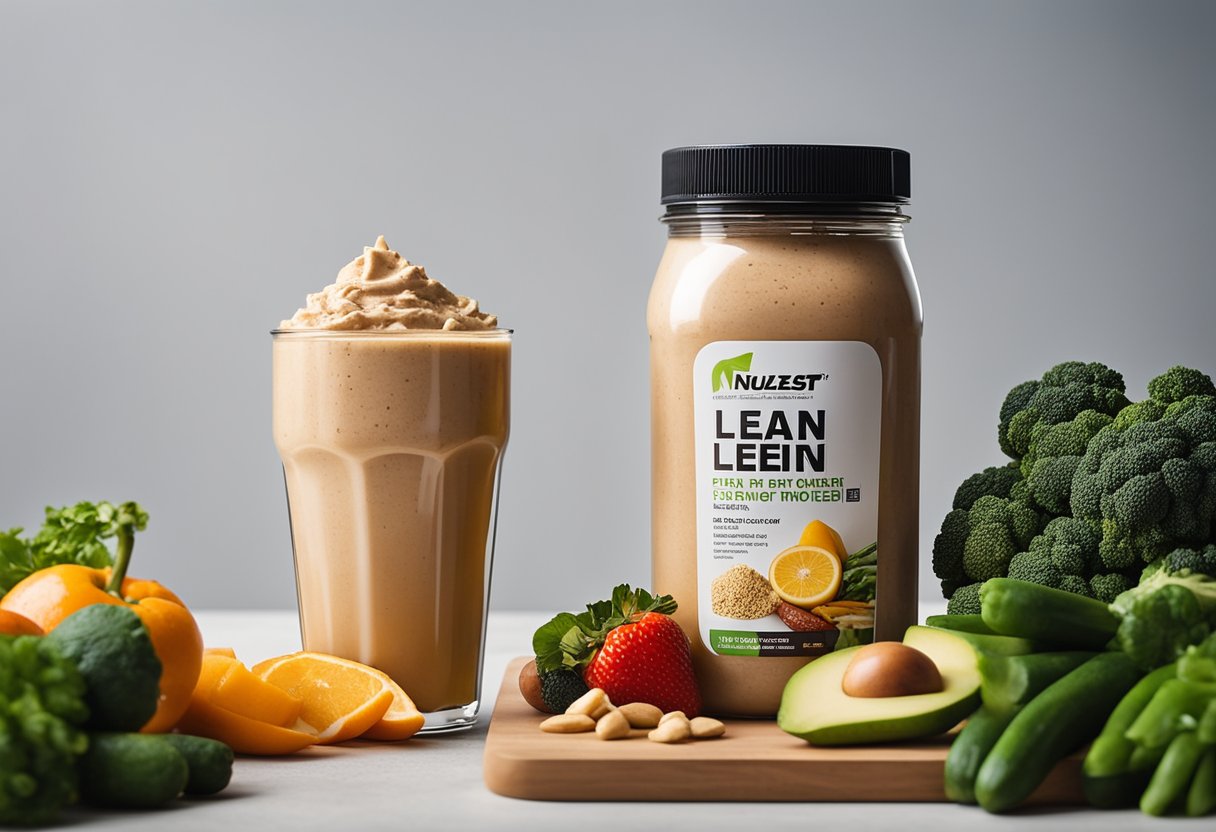 A jar of Nuzest Clean Lean Protein surrounded by fresh fruits and vegetables, with a glass of protein shake beside it