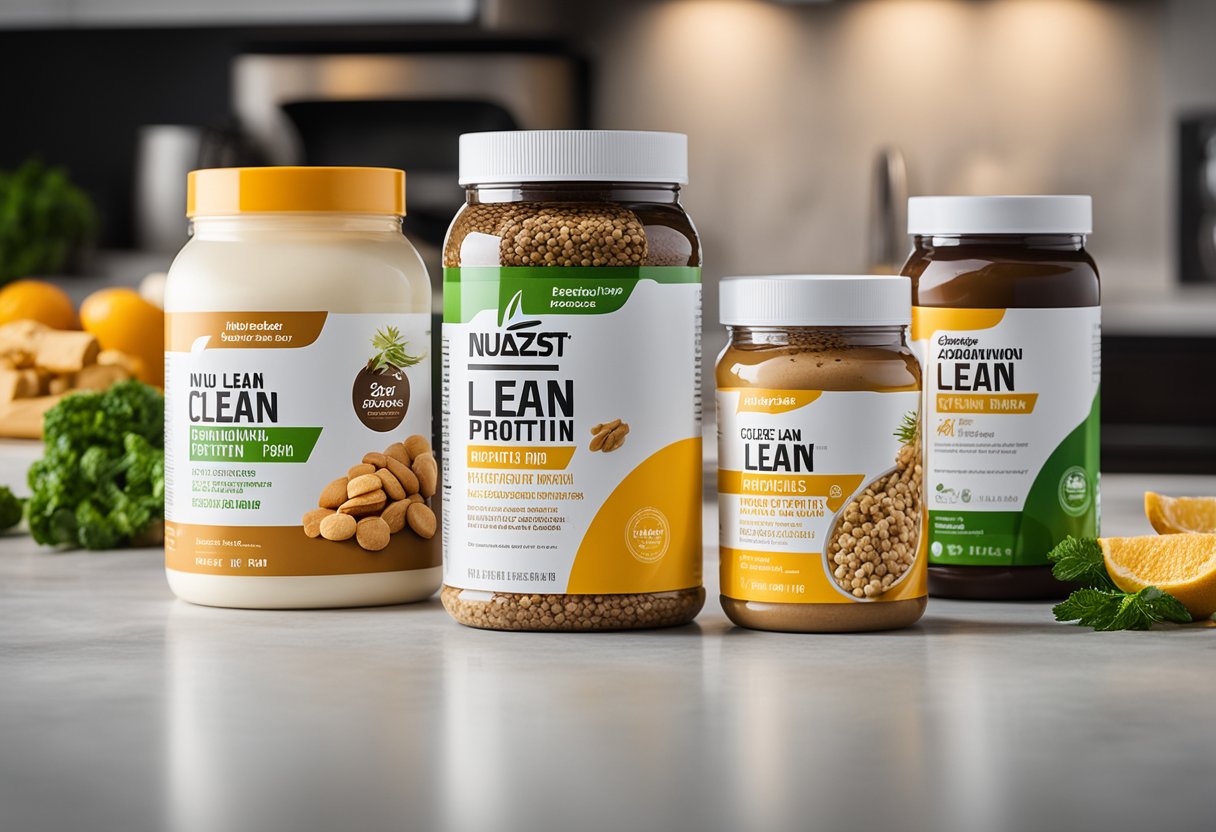 A colorful array of Nuzest Clean Lean Protein products displayed on a clean, modern countertop with a backdrop of fresh, natural ingredients