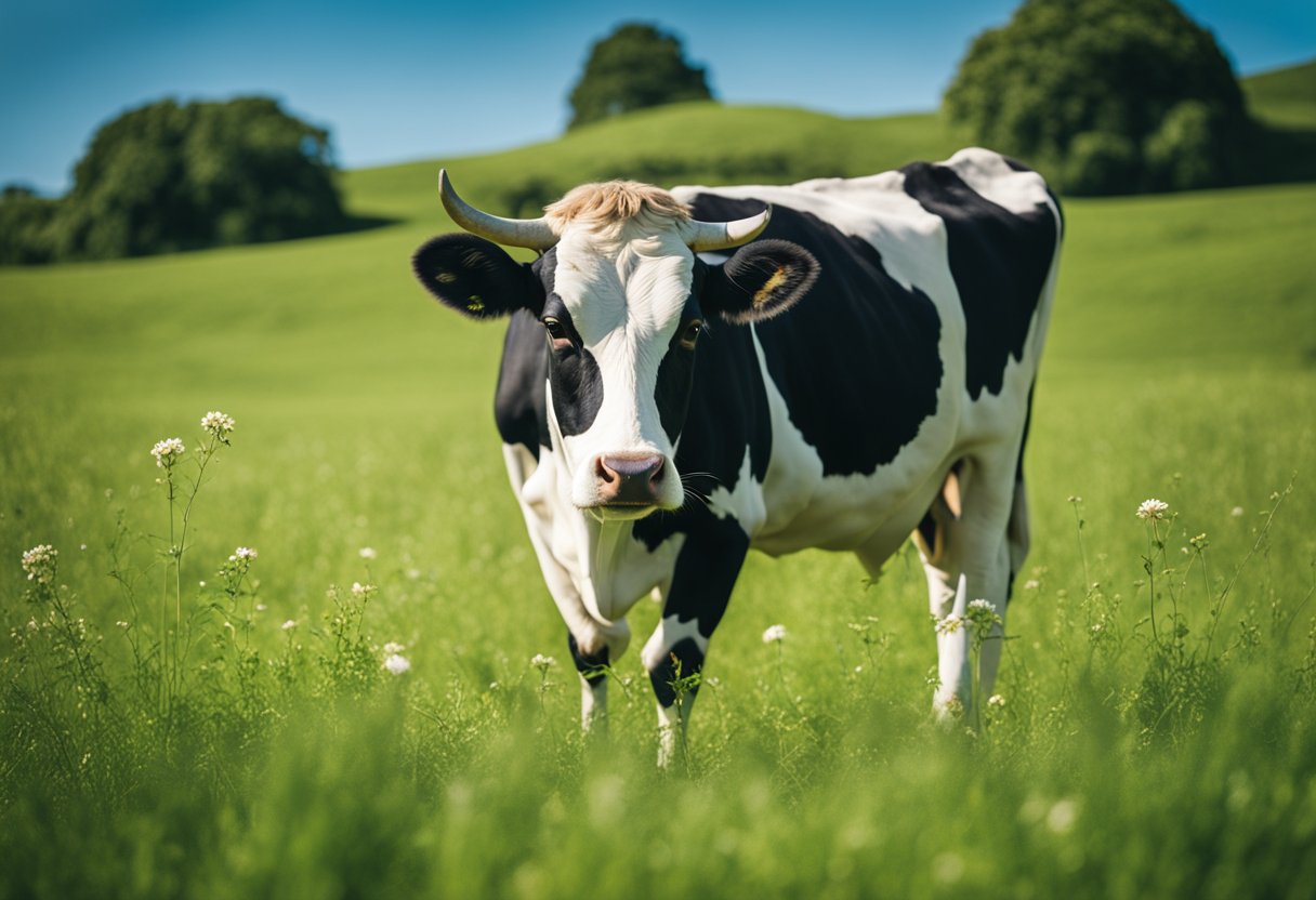 A cow grazing in a lush green pasture, with a clear blue sky in the background