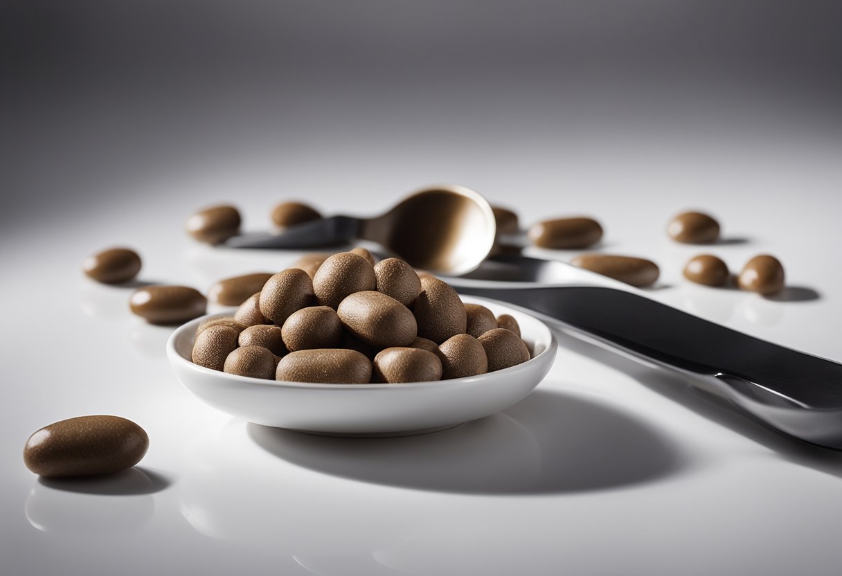 A close-up of beef liver capsules arranged on a white surface with a measuring spoon and a small dish of powdered liver nearby