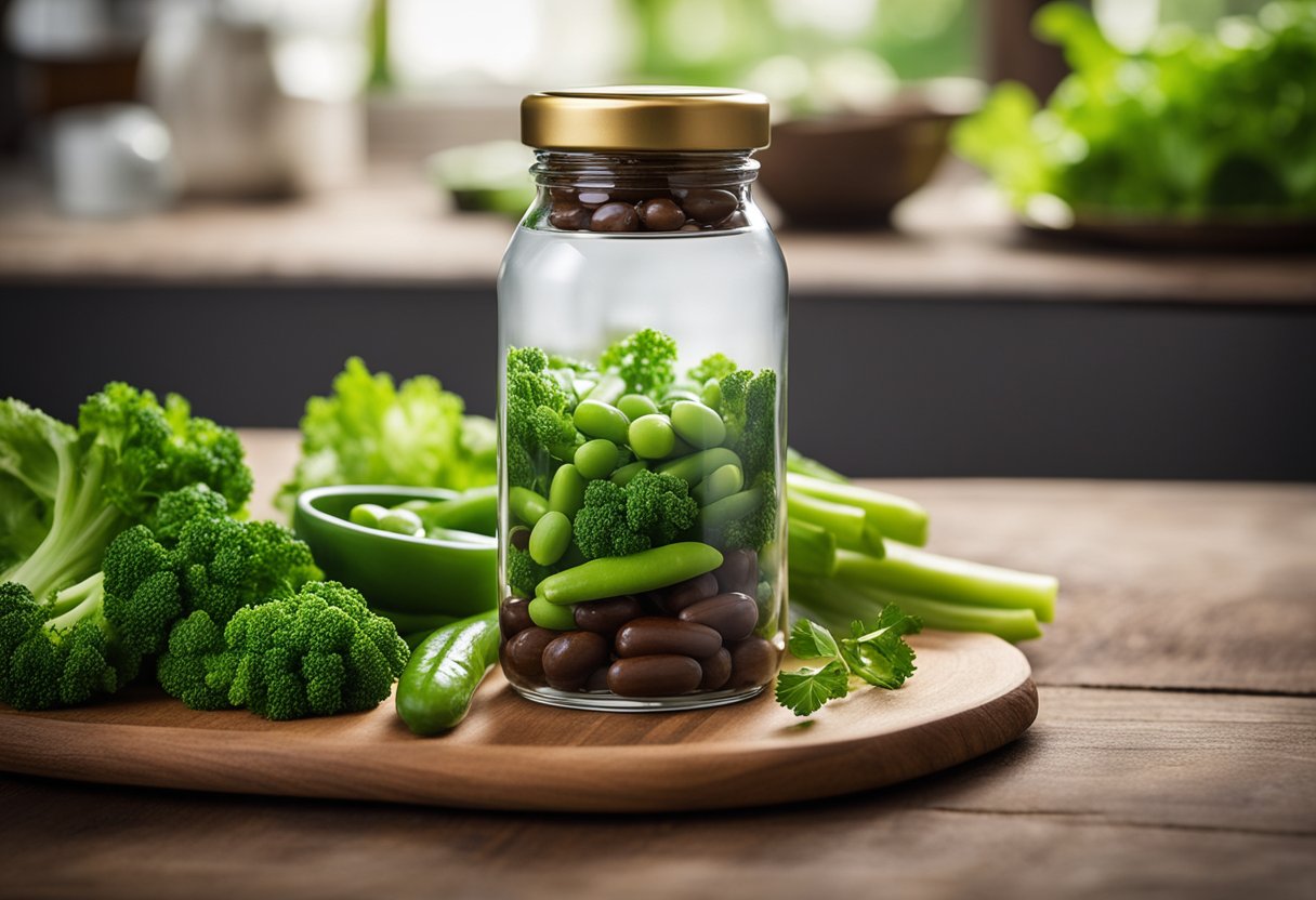 A bottle of beef liver capsules surrounded by fresh green vegetables and a glass of water on a wooden table