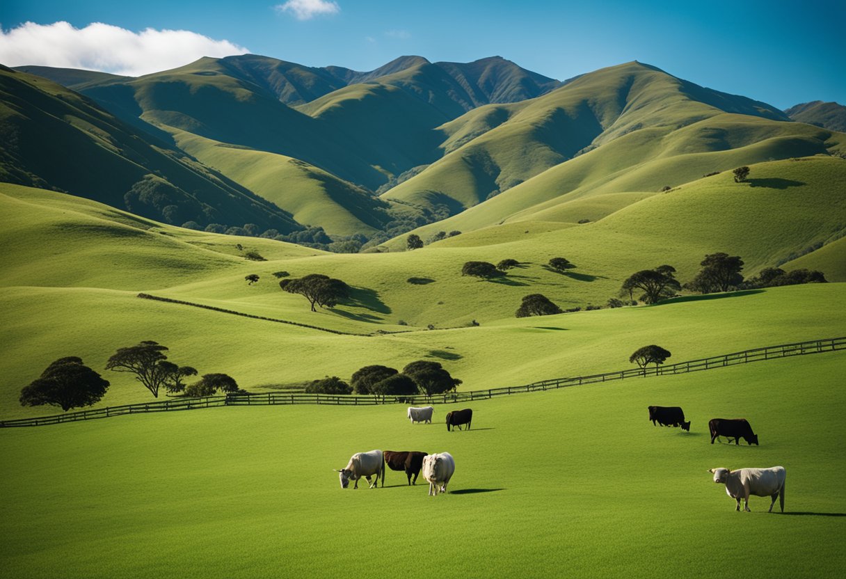 A lush green pasture with grazing cattle, a clear blue sky, and a backdrop of rolling hills in New Zealand