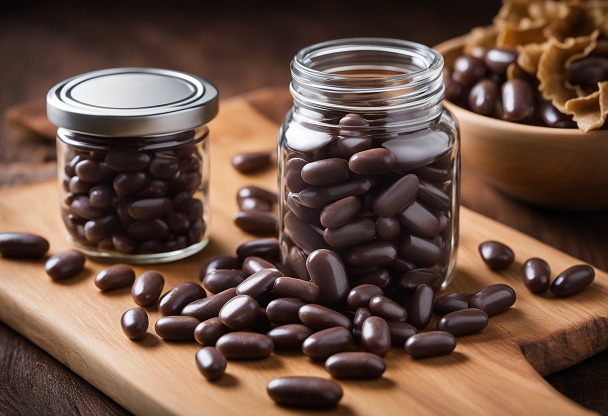 A pile of desiccated beef liver capsules spills out of a glass jar onto a wooden cutting board. The capsules are arranged in a neat, organized pattern