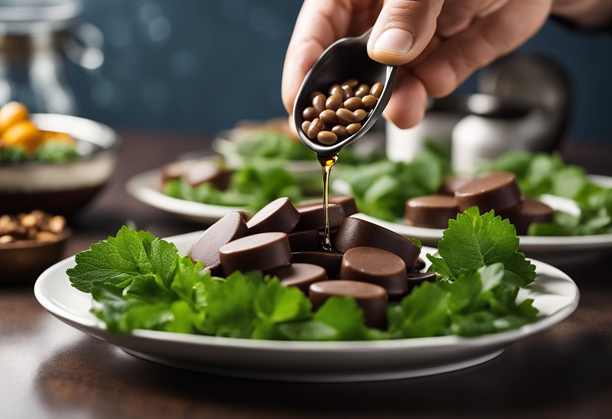 A hand holding a bottle of beef liver capsules, with a spoonful of capsules pouring out onto a plate