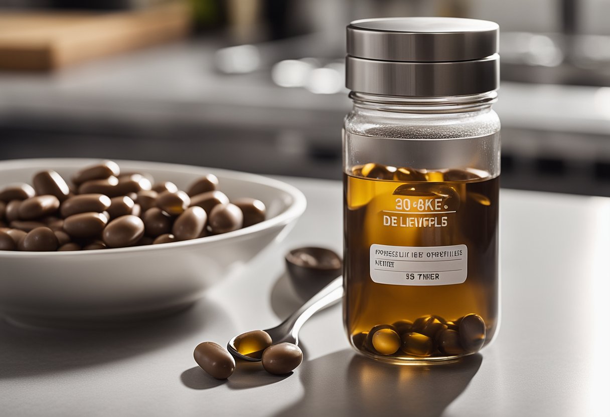 A bottle of beef liver capsules next to a measuring spoon and a glass of water on a kitchen counter