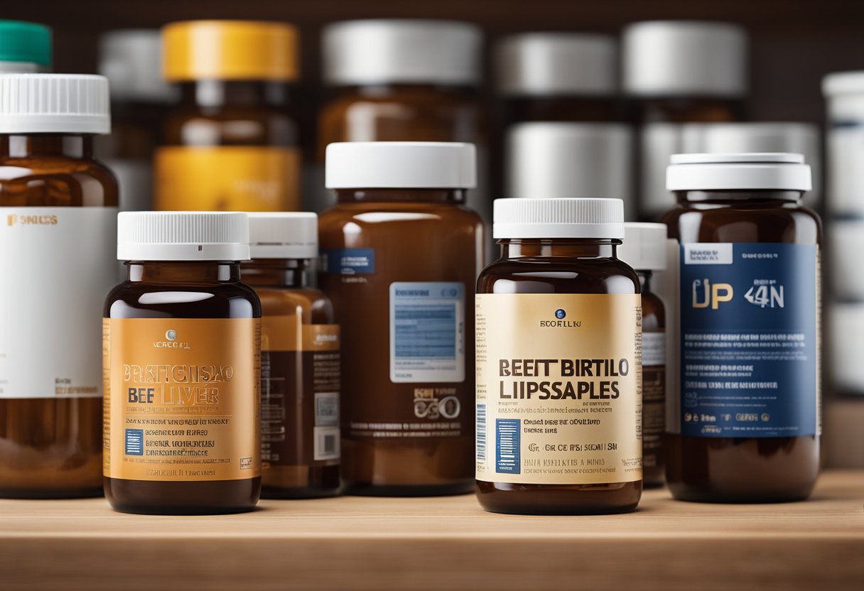 A bottle of beef liver capsules stands next to various other supplement bottles on a shelf, with a magnifying glass examining their differences