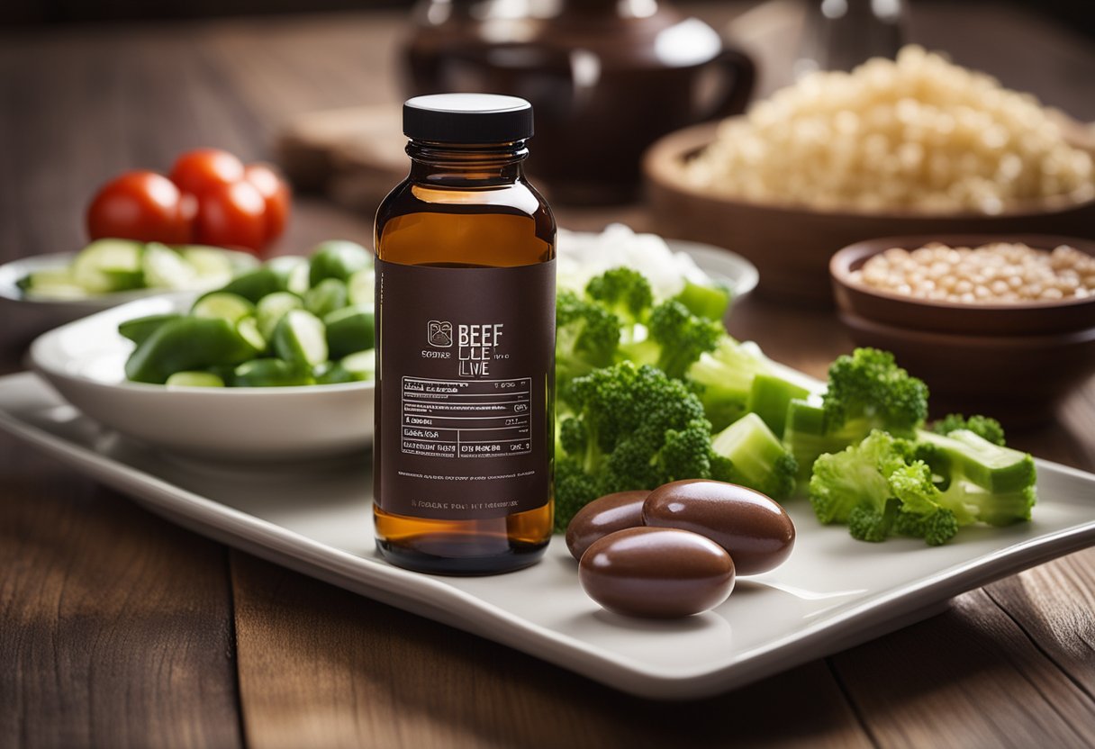 A bottle of beef liver capsules sitting on a wooden table next to a plate of fresh vegetables and a glass of water