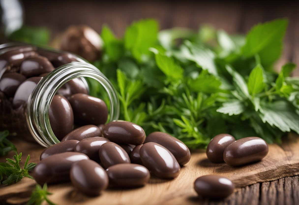 A bottle of beef liver capsules sits on a wooden table, surrounded by fresh green herbs and a few whole pieces of beef liver