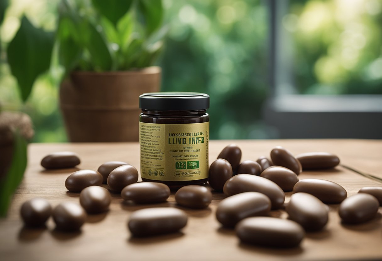 A bottle of beef liver capsules on a wooden table with a backdrop of lush greenery and natural light streaming in