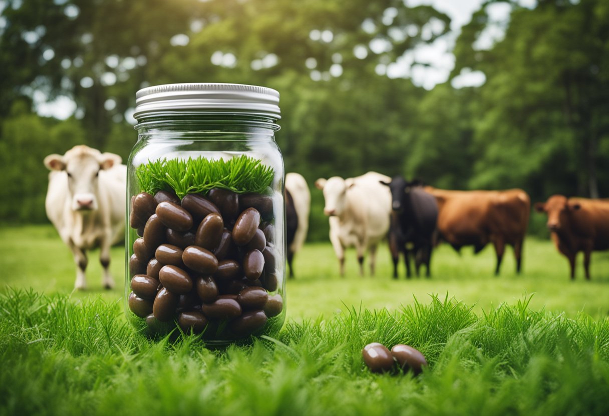 A jar of beef liver capsules surrounded by fresh green pasture and grazing cattle in New Zealand