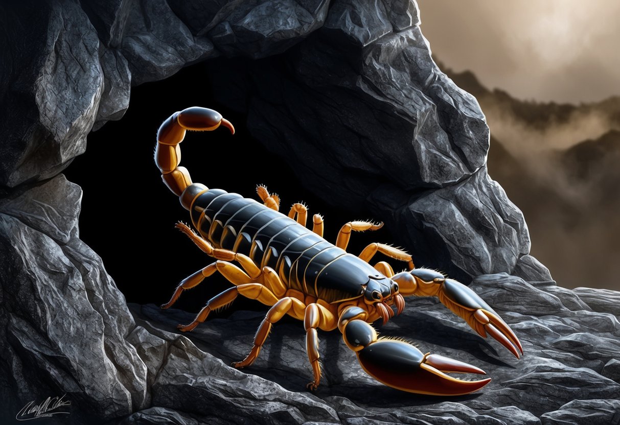 A scorpion emerging from a dark, rocky crevice