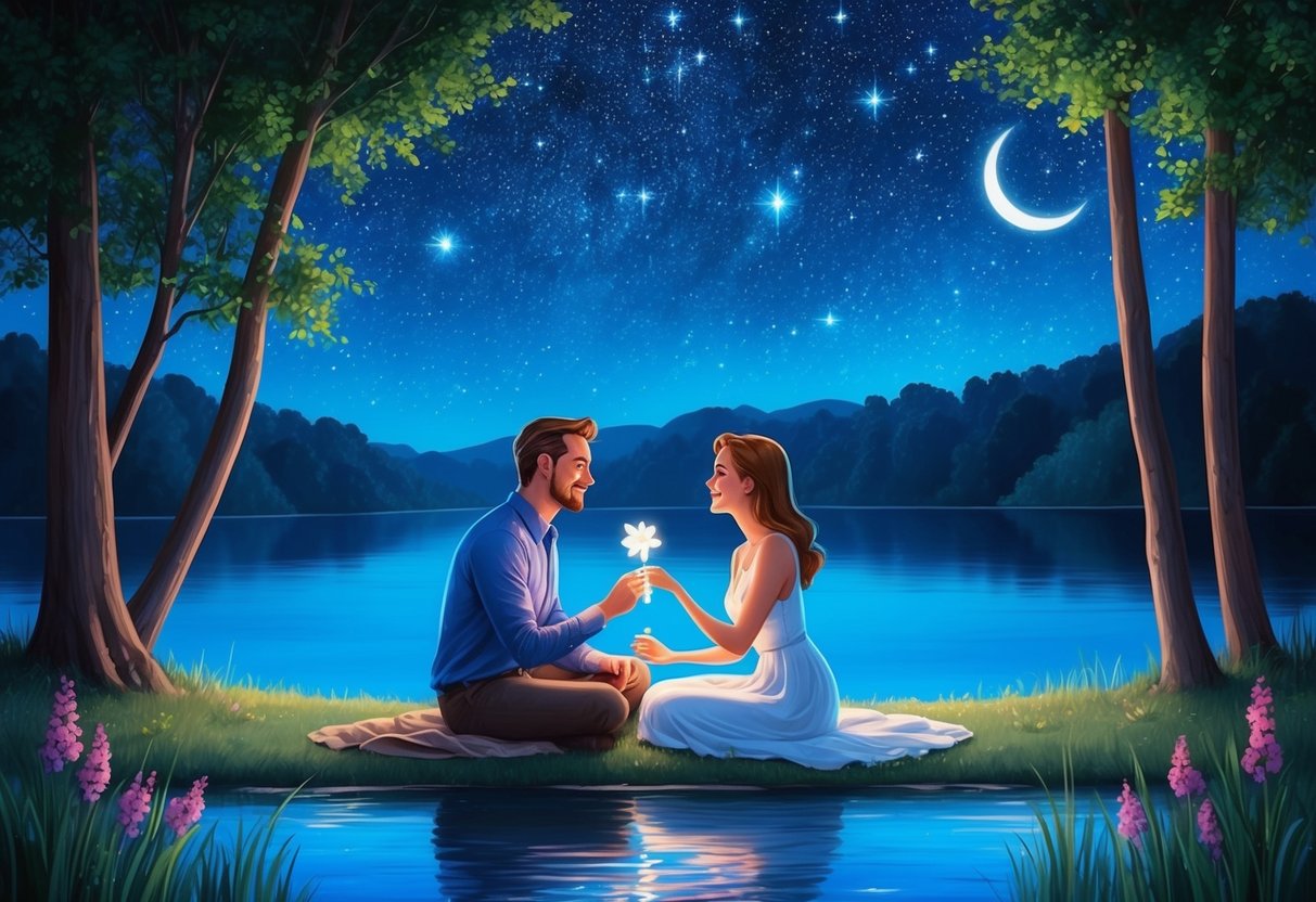 A Scorpio man and his partner sitting by a tranquil lake under the starry night sky, sharing intimate conversation and tender gestures