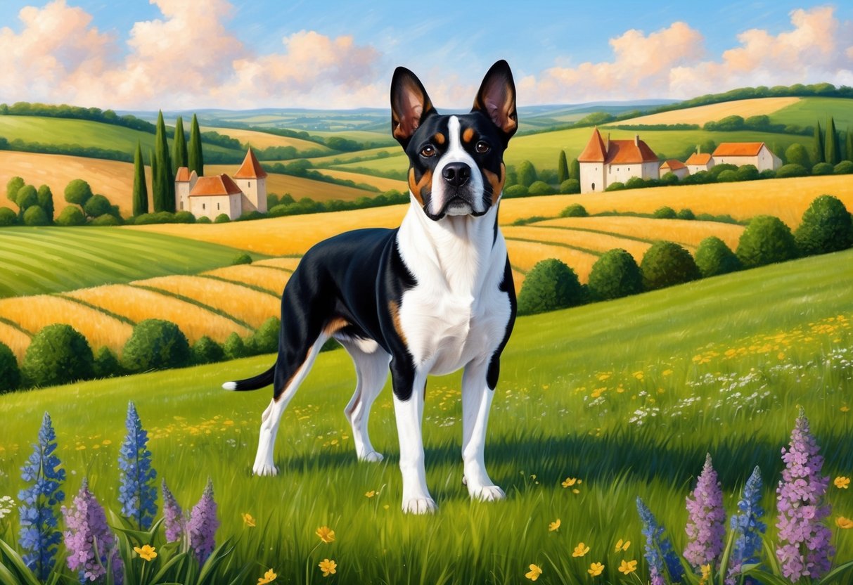 A Braque Saint-Germain dog stands proudly in a picturesque French countryside, surrounded by rolling hills and fields of wildflowers