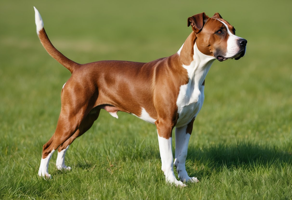 A Braque Saint-Germain dog stands alert in a grassy field, its sleek, muscular body and distinctive brown and white coat catching the sunlight