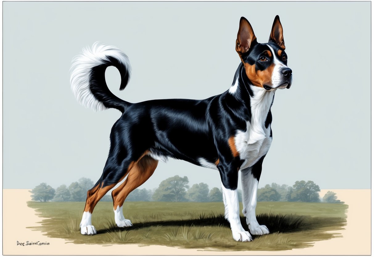 A Braque Saint-Germain dog stands alert, with a confident and noble demeanor, tail held high and ears perked, showing intelligence and grace