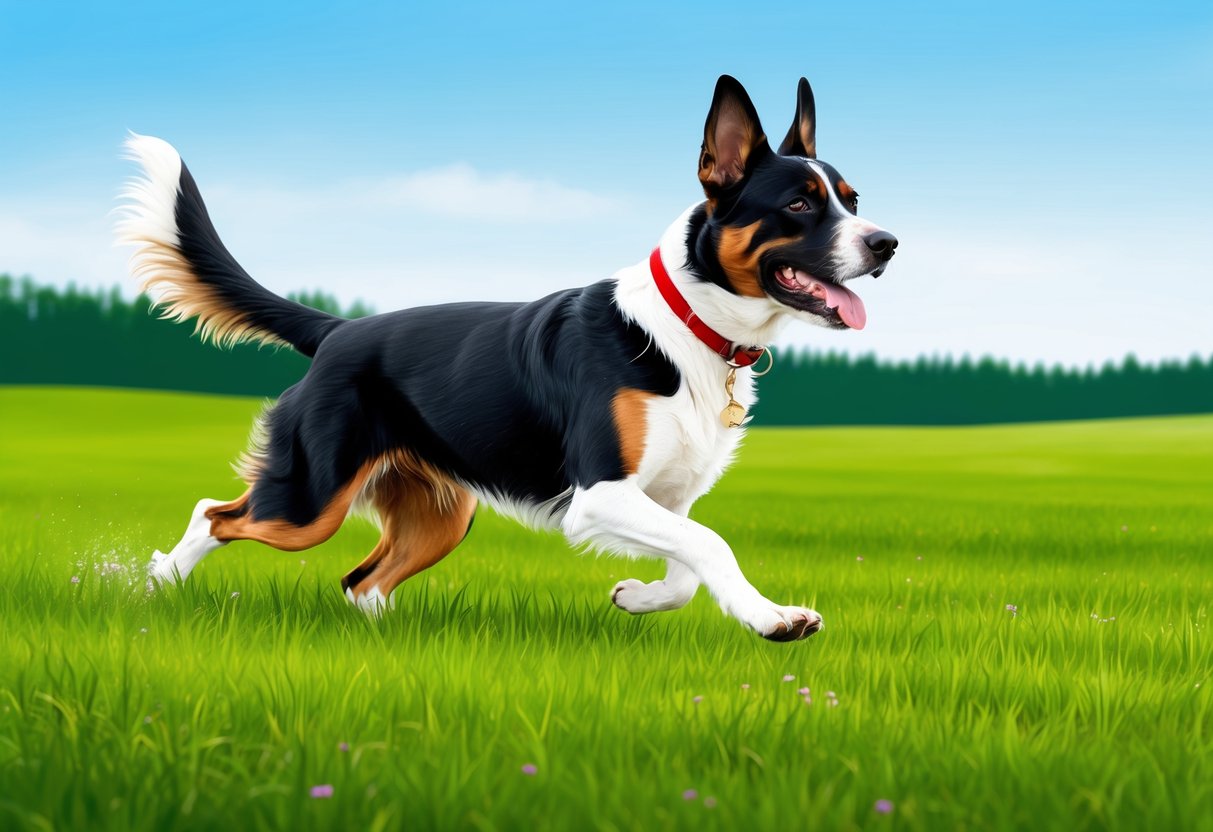 A Braque Saint-Germain dog running through a lush green field, with a clear blue sky and a distant forest in the background