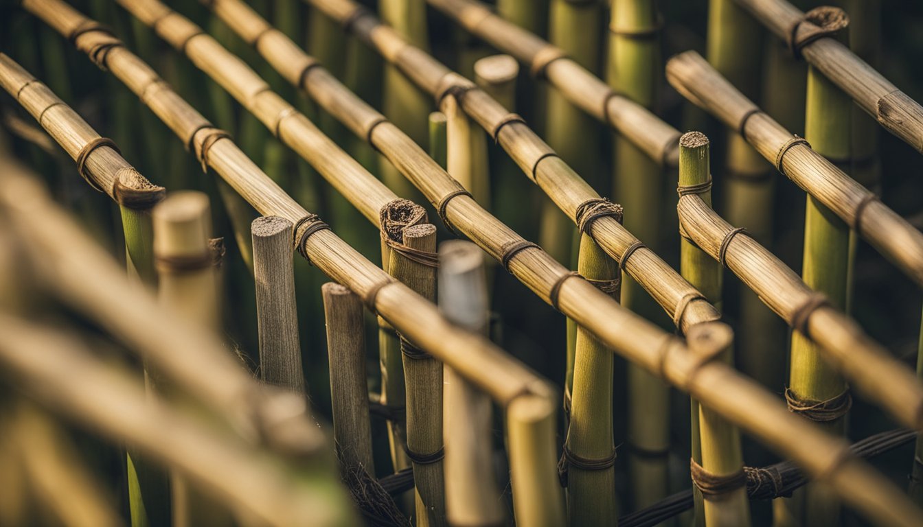 Bamboo stakes set in ground, woven with twine for pea climbing structure. Diagram shows intended design