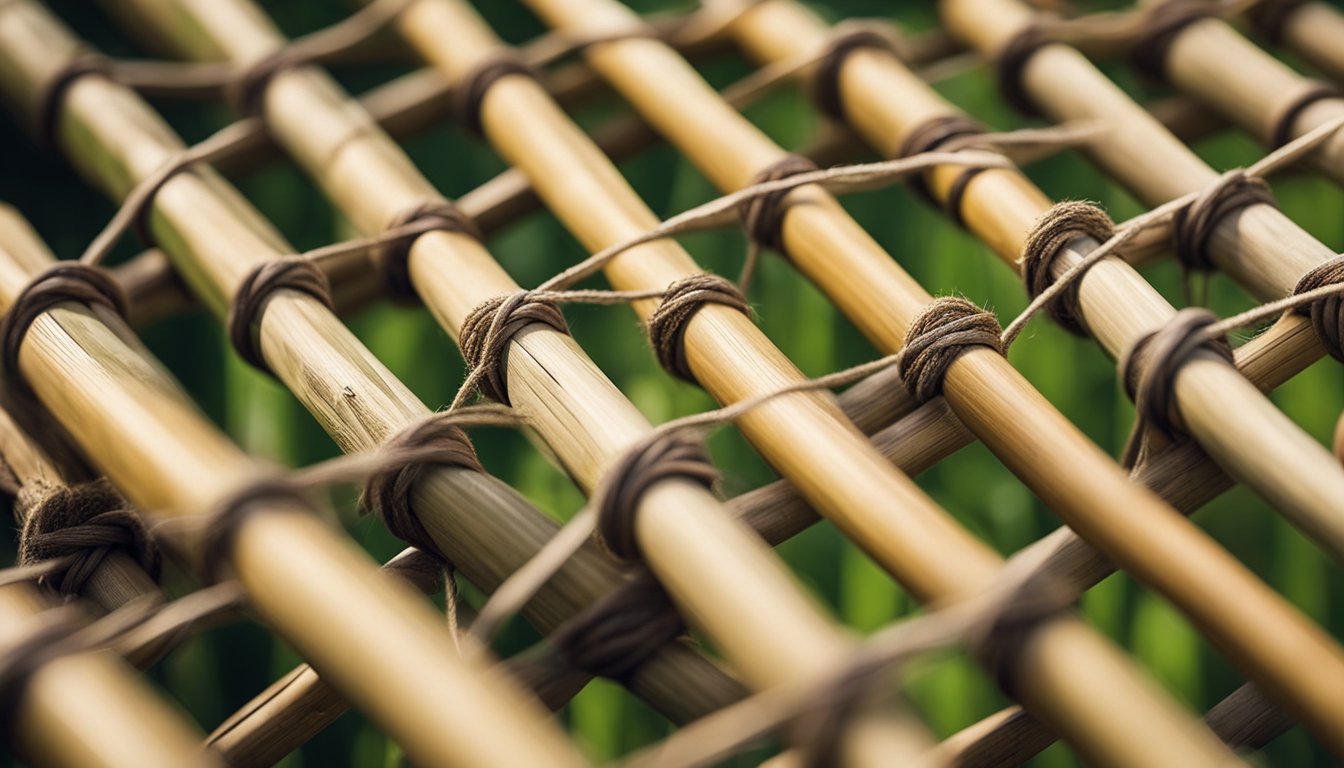 Bamboo stakes placed in ground, woven with twine to form lattice for pea climbing structure. Side view diagram included