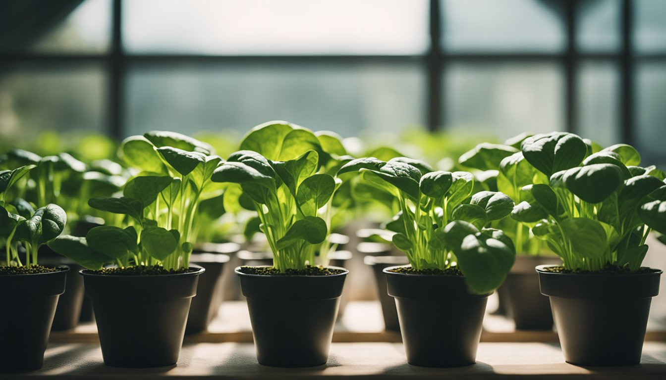 Longevity Spinach thrives in pots in a well-lit indoor setup. Healthy plants show harvested leaves, emphasizing its adaptability and nutritional value. Educational materials nearby highlight its medicinal and nutritional benefits