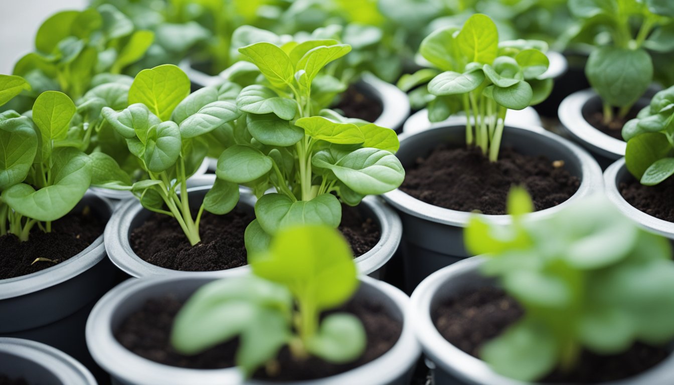 Healthy Longevity Spinach cultivated in pots, adaptable to container gardening. Some leaves harvested, suggesting daily use. Nearby educational materials mention medicinal uses and nutritional profile