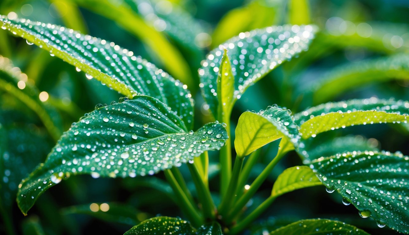 The lush green plant glistens with dew, each leaf shimmering in the light, emphasizing its freshness and hydration