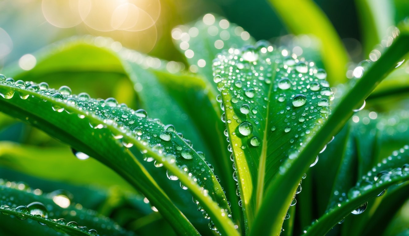 Shimmering dew drops adorn lush green plant, catching light to emphasize freshness and hydration