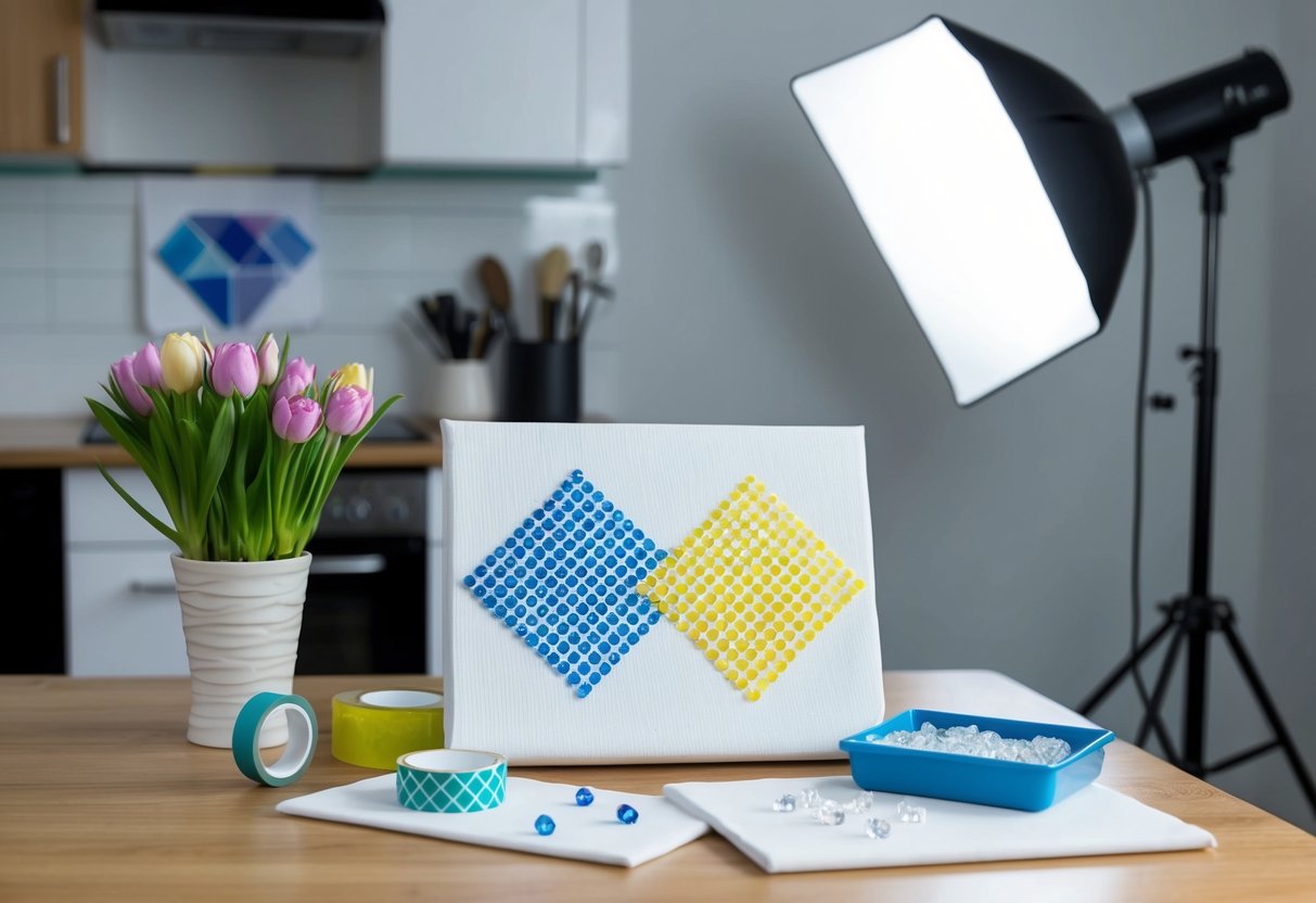 Een tafel met diamant schilderbenodigdheden: canvas, kleurrijke washi-tape en kleine diamantgems in een tray