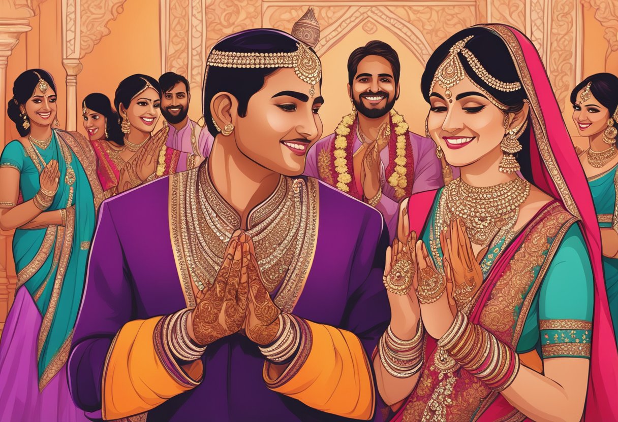 A traditional Indian wedding with vibrant colors, intricate henna designs, and joyful dancing