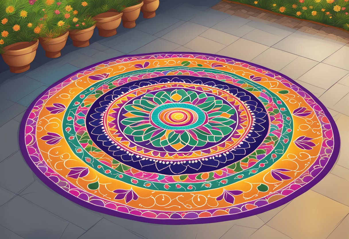 A colorful rangoli design adorns the ground, featuring intricate patterns and vibrant hues