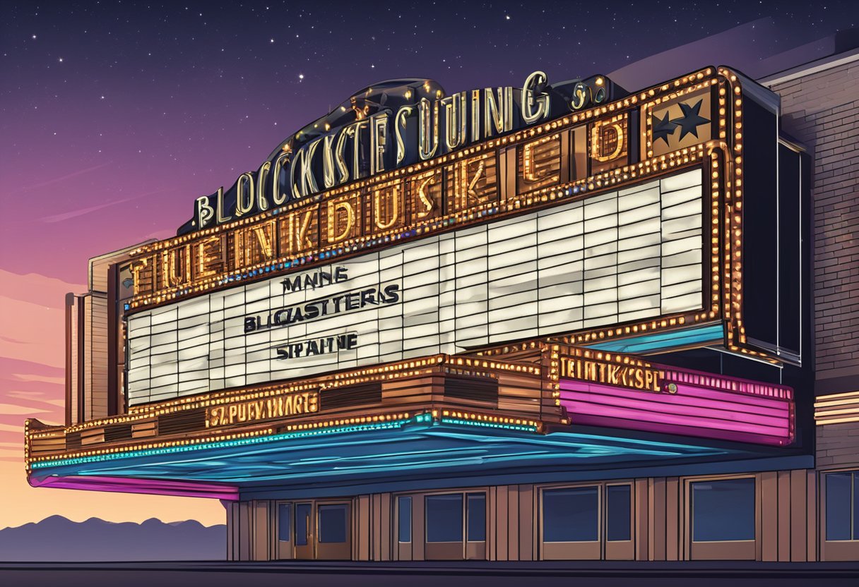 A movie theater marquee displaying titles of upcoming blockbusters