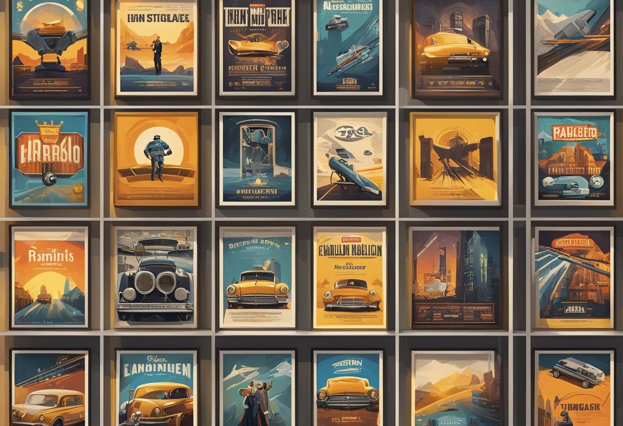 A collection of classic film posters and franchise logos displayed on a wall, surrounded by spotlights and film reels