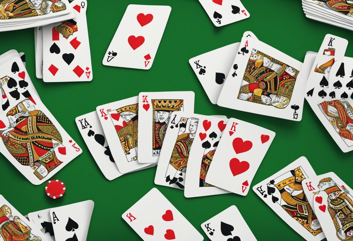 A royal flush of hearts, from ace to king, laid out on a green felt poker table